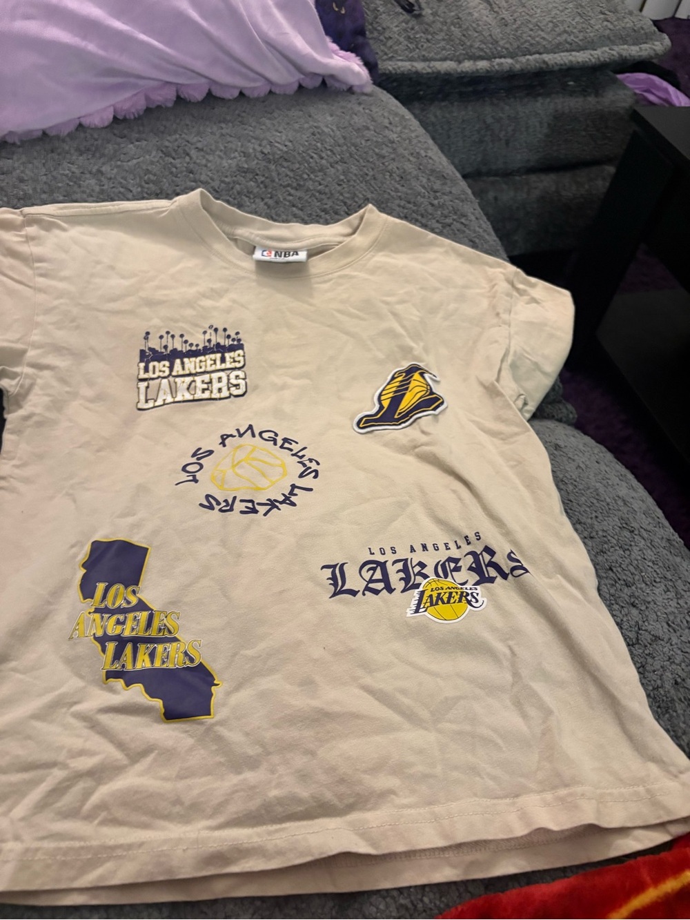 NBA Los Angeles Lakers Beige Short Sleeve Kids Tee with Purple & Gold Logos